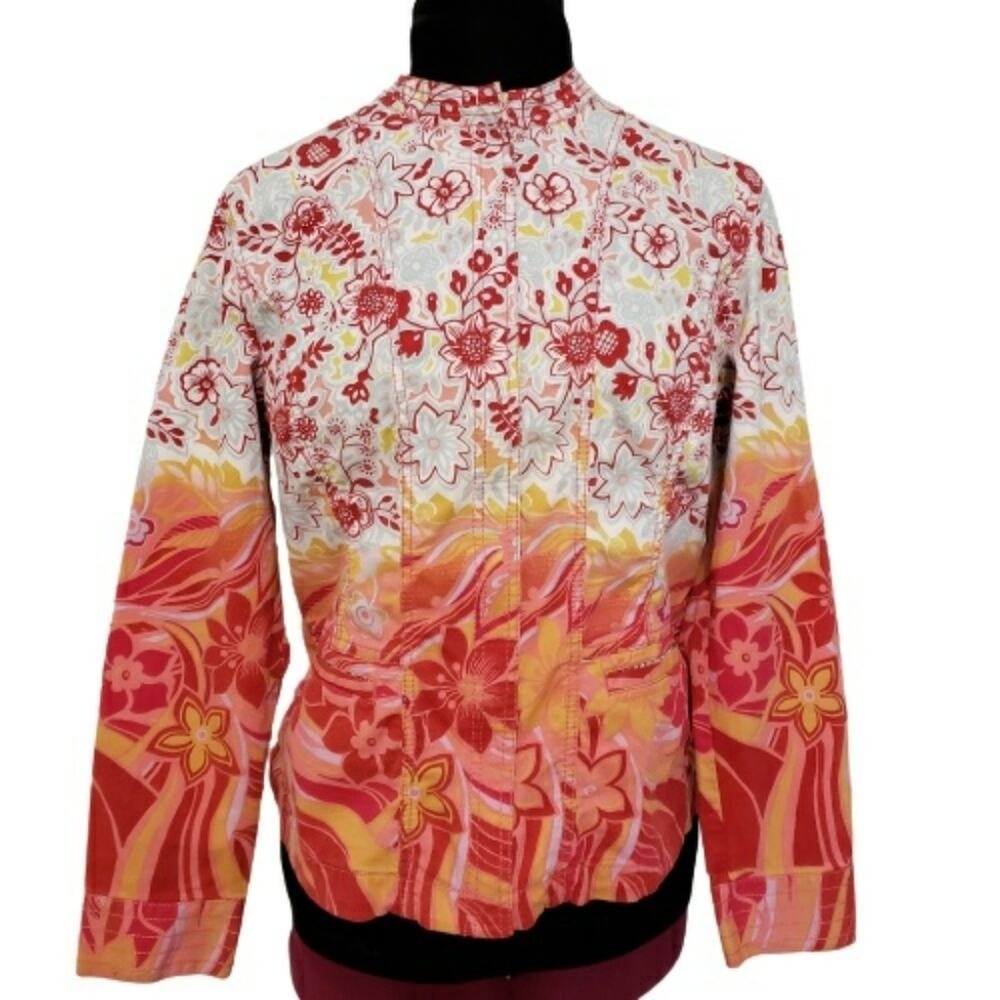 Chicos Floral Psychedelic Zip Front Jacket Red Orange Yellow Size 2 Large Cotton